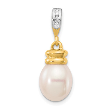 14K Yellow Gold 9-10mm White Rice Freshwater Cultured Pearl .06tw Diamond Pendant