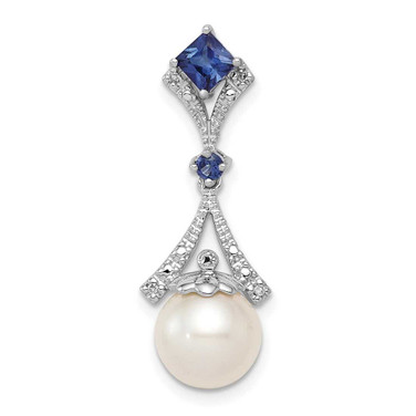 Image of Sterling Silver Rhodium Plated Diamond Created Sapphire Freshwater Cultured Pearl Pendant