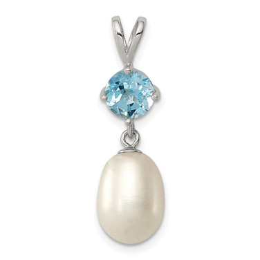 Sterling Silver Rhodium-plated Blue Topaz 8-9mm Freshwater Cultured Pearl Teardrop Pendant