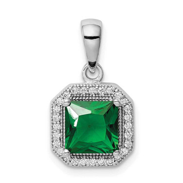 Image of Sterling Silver Rhodium-plated Clear CZ and Square Green CZ Pendant QP5265MAY