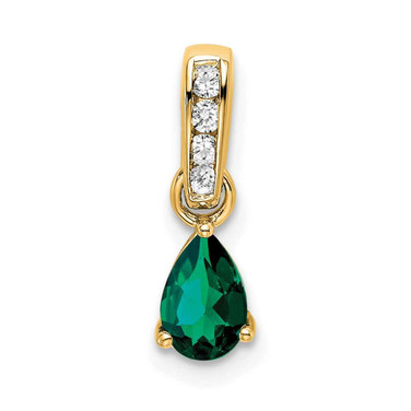 Image of 14K Yellow Gold Pear Created Emerald and Diamond Pendant