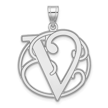 Image of Large Sterling Silver Rhodium-plated Fancy Script Letter V Initial Pendant