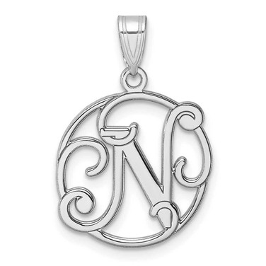 Image of Small Sterling Silver Rhodium-plated Fancy Script Letter N Initial Pendant