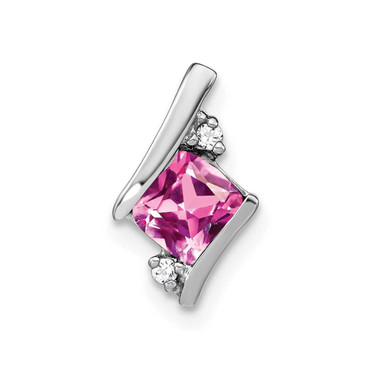 Image of 14K White Gold Cushion Created Pink Sapphire and Diamond Chain Slide Pendant