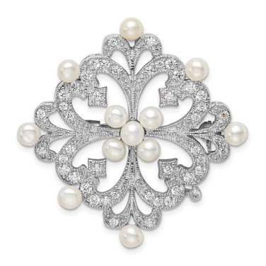 Sterling Silver Rhodium-plated CZ and Freshwater Cultured Pearls Vintaged Style Pin Brooch