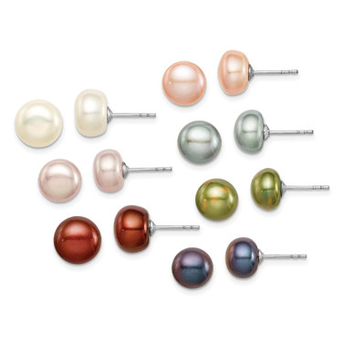 Sterling Silver Rhodium-plated 7 Pairs 8-9mm Freshwater Cultured Pearl Stud Ear Set