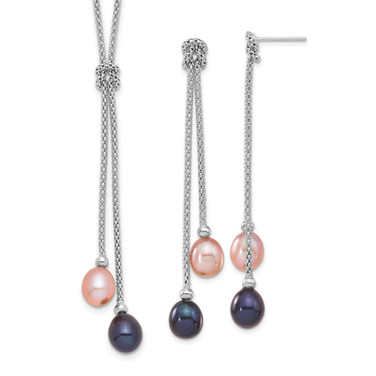 Sterling Silver Rhodium-plated Freshwater Cultured Pearl Knot 18in Necklace/Earring Set