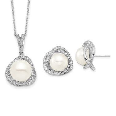 Sterling Silver Rhodium-plated 10-12mm Freshwater Cultured Pearl CZ Necklace/Earring Set