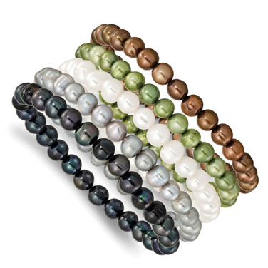 6-7mm Green/Grey/White/Black/Brown Freshwater Cultured Pearl Stretch 5-Piece Bracelet Set