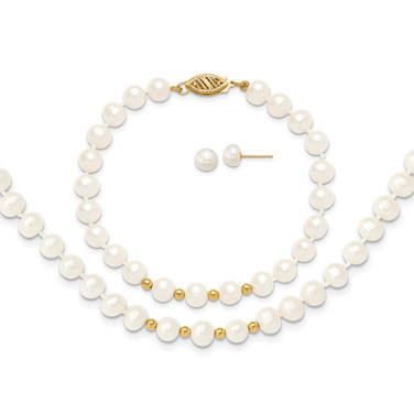 14K Yellow Gold 6-7mm White Freshwater Cultured Pearl 18in. Necklace 7.25 Bracelet Earring Set