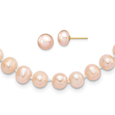 14K Yellow Gold 7-8mm Near Round Pink Freshwater Cultured Pearl Necklace and Button Earring Set