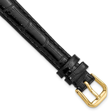 Image of 12mm Black Crocodile-Style Grain Leather Dark Stitch Gold-tone Buckle Watch Band