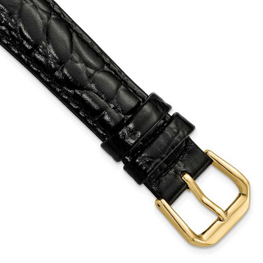 Image of 16mm Short Black Alligator-Style Grain Leather Gold-tone Buckle Watch Band