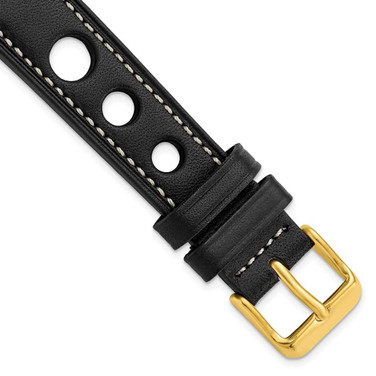 Image of 18mm Black Grand Prix Leather White Stitch Gold-tone Buckle Watch Band
