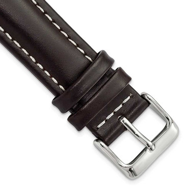 Image of 20mm Long Dark Brn Oil-tanned Leather White Stitch Silver-tone Bkl Watch Band