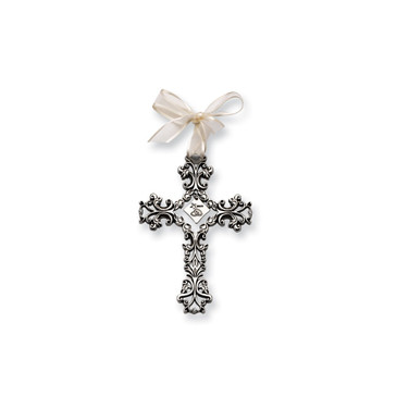 Silver-tone 25 YEARS Filigree Cross with Crystals and Ribbon