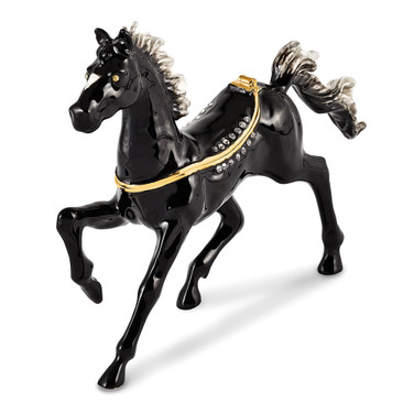 Luxury Giftware Pewter Bejeweled Crystals Gold-tone Enameled PEPPER Black Horse with White Mane Trinket Box with Matching 18 Inch Necklace