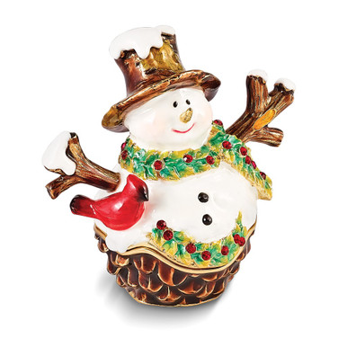 Luxury Giftware Pewter Bejeweled Crystals Gold-tone Enameled GARLAND Snowman with Bird & Scarf Trinket Box with Matching 18 Inch Necklace