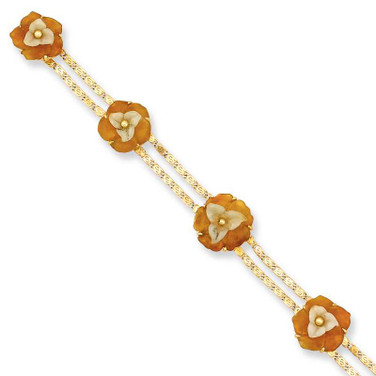 Image of 7" 14K Yellow Gold Double Chain Bracelet with Red & Yellow Jadeite Jade Flowers