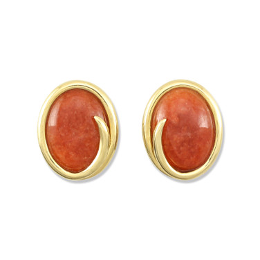 14K Yellow Gold & Red Jadeite Jade Oval Omega Back Earrings