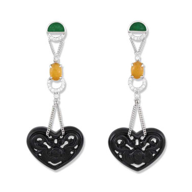 Image of 50mm 18K White Gold & Black Nephrite Jade Heart Dangle Earrings