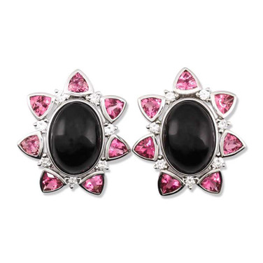 Image of 18K White Gold Omega Back Earrings w/ Black Nephrite Jade, Pink Tourmaline & Diamond
