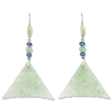 Image of 63mm 18K White Gold & Carved Double Dragon Green Jadeite Jade Earrings with Sapphire