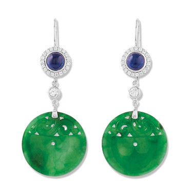 50mm 18K White Gold Dangle Earrings with Carved Green Jadeite Jade Discs, Sapphires & Diamonds