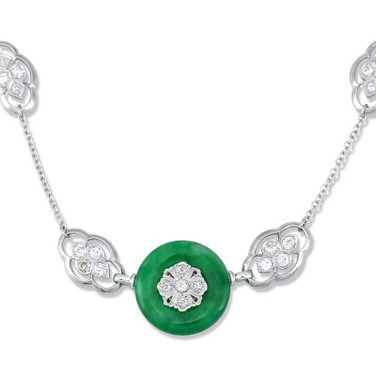 Image of 16" Platinum Chain Necklace with Green Jadeite Jade Center Disc & Diamond Stations