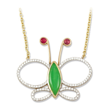 20" 14K Yellow Gold Butterfly Pendant Necklace with Green Jadeite Jade, Rubies & Diamonds