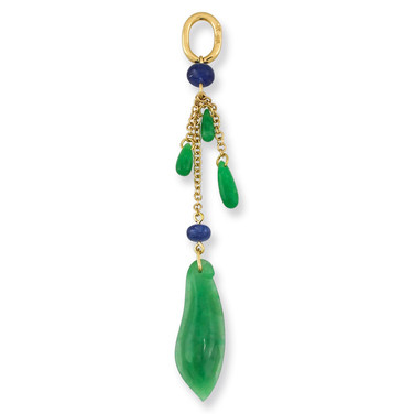 18K Yellow Gold Tassel Pendant with Green Jadeite Jade and Sapphires