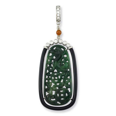 Image of 18K White Gold Dangle Pendant with Carved Green Jadeite Jade, Black Onyx & Diamonds