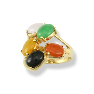 Image of Size 6.25 14K Yellow Gold Cluster Ring with Multicolor Jadeite Jade