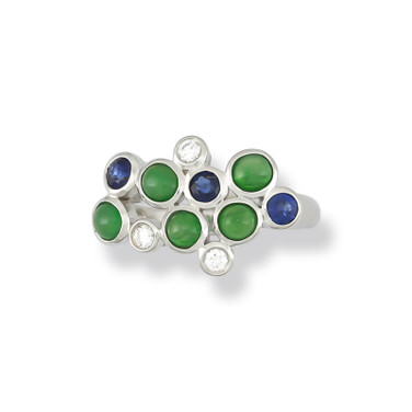 18K White Gold Bubble Design Ring with Green Jadeite Jade, Sapphires & Diamonds