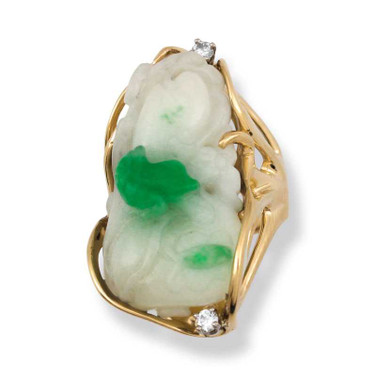 Image of Size 6.25 14K Yellow Gold Ring with Ice & Green Jadeite Jade Carved Lilly Pond