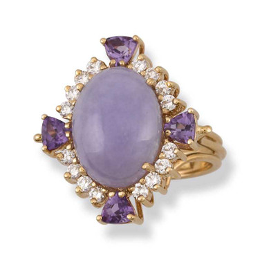 Image of 14K Yellow Gold Lavendar Jadeite Jade Ring w/ Amethyst Trillians & Round Diamonds