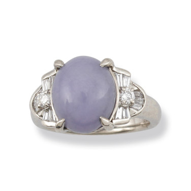 Size 5.75 Platinum Ring with Large Oval Lavender Jadeite Jade Center & Diamond Accents