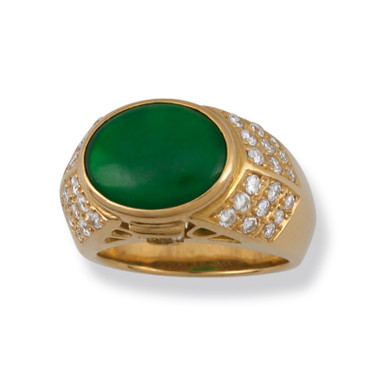 18K Yellow Gold Green Jadeite Jade Bezel Set Ring w/ Diamond Accents