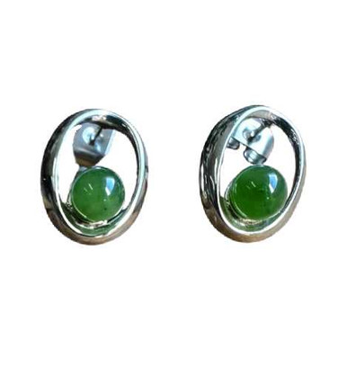 Image of Stainless Steel Oval Earrings with 5mm Nephrite Jade Bead