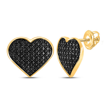 Yellow-tone Sterling Silver Womens Round Black Color Enhanced Diamond Heart Earrings 1/4 Cttw
