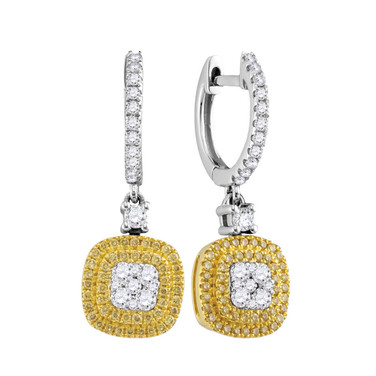 18kt White Gold Womens Round Yellow Diamond Square Cluster Dangle Earrings 3/4 Cttw