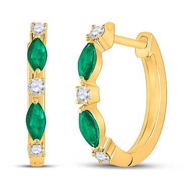 14kt Yellow Gold Womens Marquise Emerald Fashion Hoop Earrings 3/8 Cttw