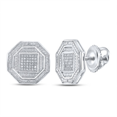 Sterling Silver Mens Round Diamond Octagon Stud Earrings 1/5 Cttw
