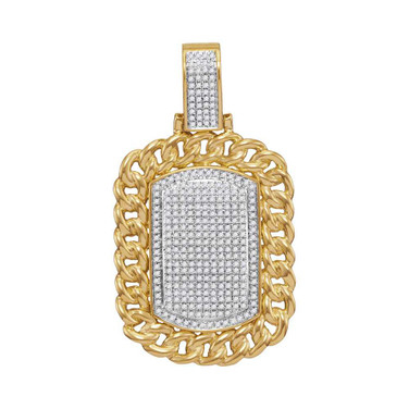 Image of 10kt Yellow Gold Mens Round Diamond Cuban Link Frame Outline Dog Tag Cluster Pendant 7/8 Cttw Style 114628
