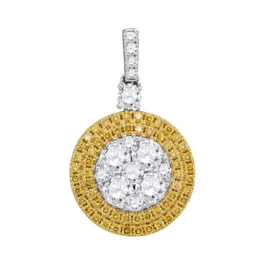 Image of 18kt White Gold Womens Round Yellow Diamond Circle Cluster Dangle Pendant 1-3/4 Cttw