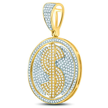 Image of 10kt Yellow Gold Mens Round Diamond Dollar Sign Circle Pendant 1.00 Cttw Style 118924