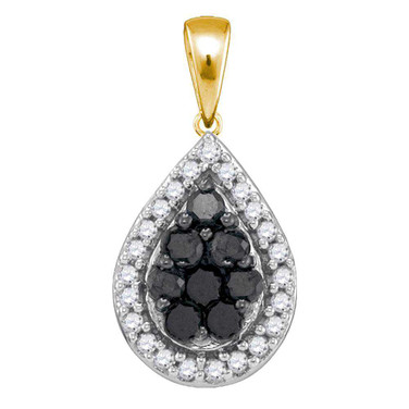 Image of 10kt Yellow Gold Womens Round Black Color Enhanced Diamond Teardrop Cluster Pendant 3/8 Cttw Style 87410