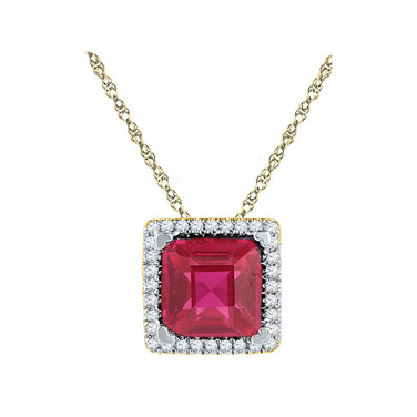 10kt Yellow Gold Womens Cushion Lab-Created Ruby Solitaire Diamond Pendant 1-7/8 Cttw