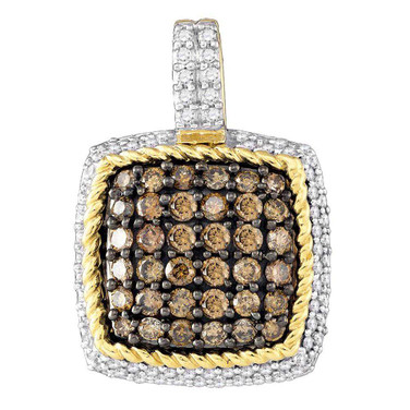 Image of 10kt Yellow Gold Womens Round Brown Diamond Square Cluster Pendant 3/4 Cttw