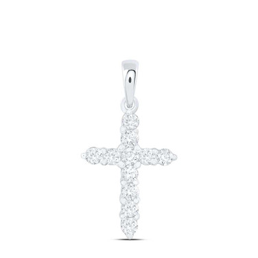 Image of 14kt White Gold Womens Round Diamond Cross Religious Pendant 1/4 Cttw